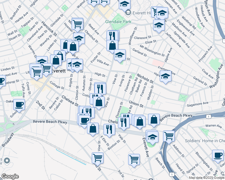 map of restaurants, bars, coffee shops, grocery stores, and more near 209 Vine Street in Everett