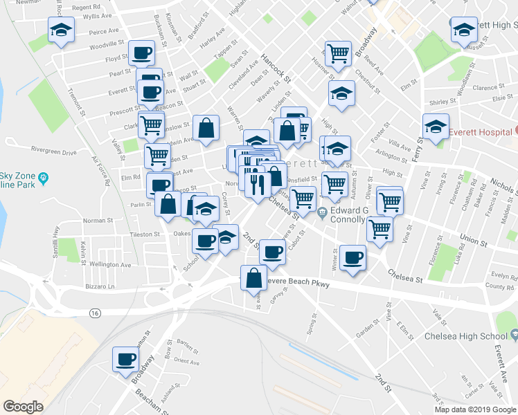 map of restaurants, bars, coffee shops, grocery stores, and more near in Everett