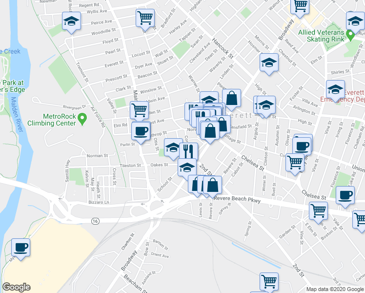 map of restaurants, bars, coffee shops, grocery stores, and more near 44 Corey Street in Everett