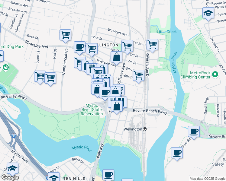 map of restaurants, bars, coffee shops, grocery stores, and more near 629 Wellington Road in Medford