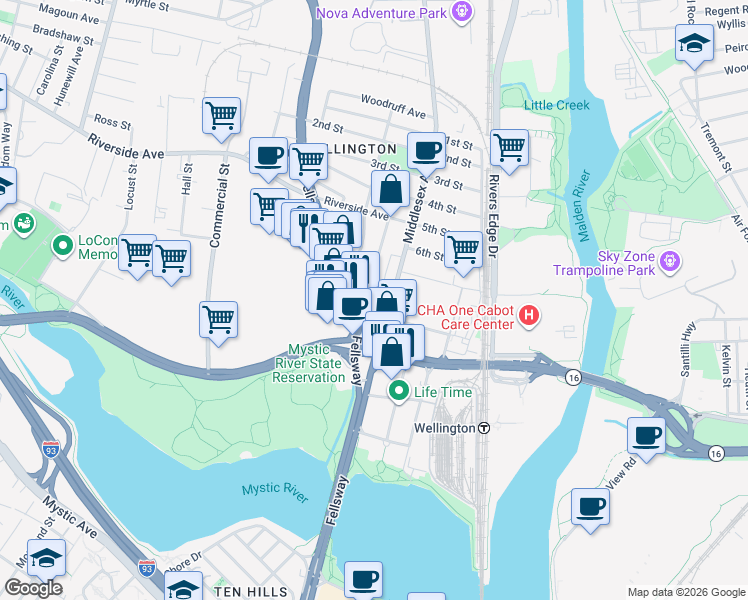 map of restaurants, bars, coffee shops, grocery stores, and more near 629 Wellington Road in Medford