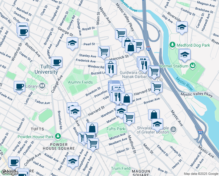 map of restaurants, bars, coffee shops, grocery stores, and more near 9 Princeton Street in Medford