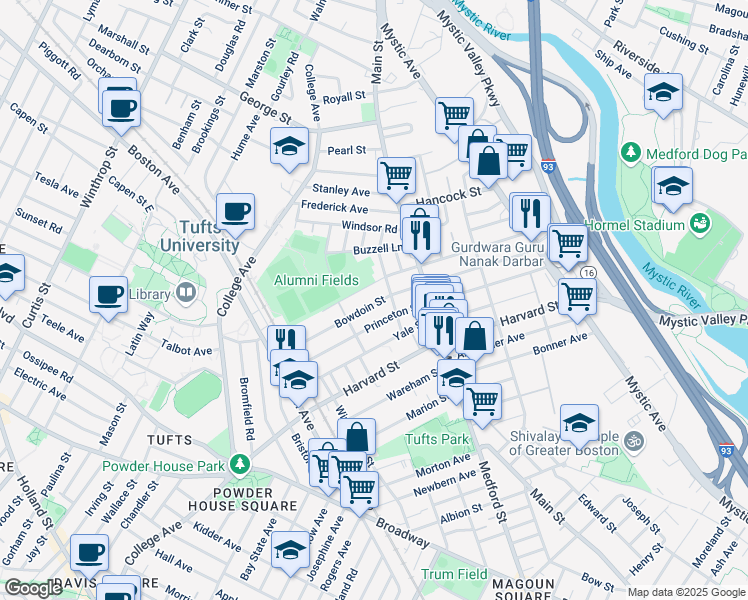 map of restaurants, bars, coffee shops, grocery stores, and more near 43 Bowdoin Street in Medford