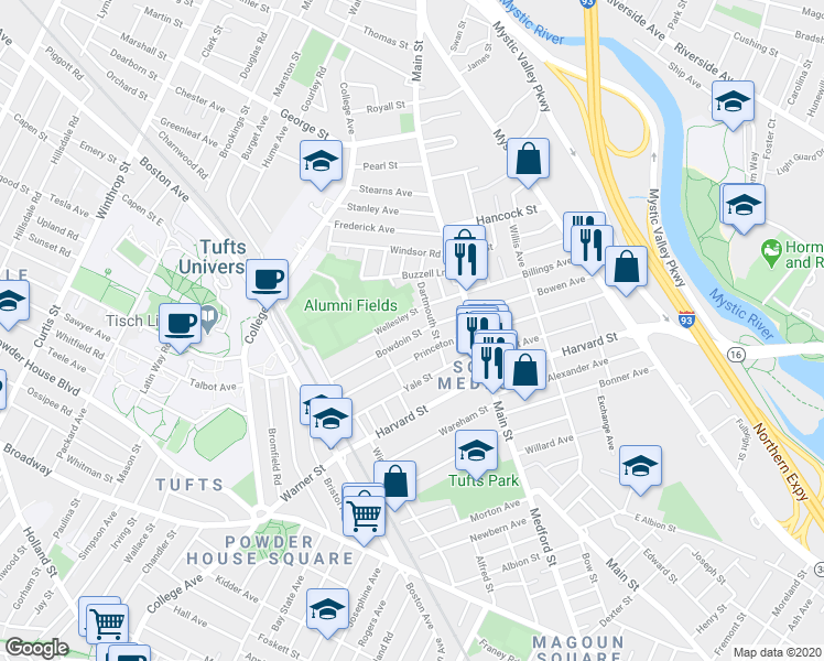 map of restaurants, bars, coffee shops, grocery stores, and more near 43 Bowdoin Street in Medford