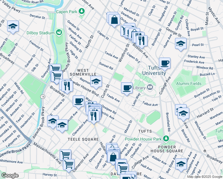 map of restaurants, bars, coffee shops, grocery stores, and more near 36 Sawyer Avenue in Medford