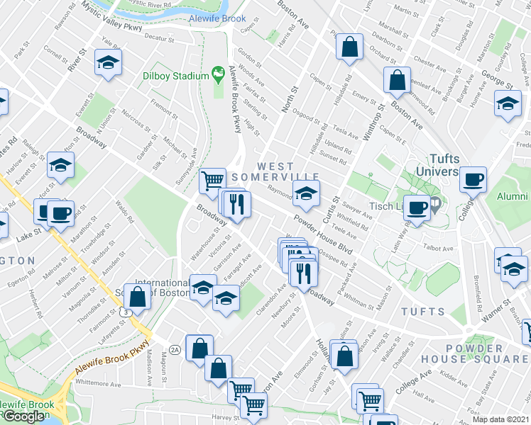 map of restaurants, bars, coffee shops, grocery stores, and more near 210 Powder House Boulevard in Somerville
