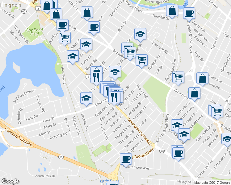 map of restaurants, bars, coffee shops, grocery stores, and more near 20 Winter Street in Arlington