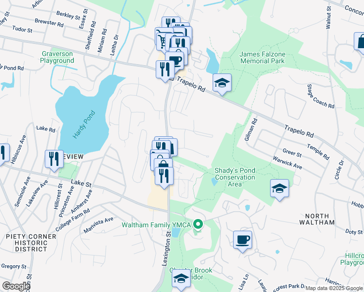 map of restaurants, bars, coffee shops, grocery stores, and more near 15 Dolores Avenue in Waltham