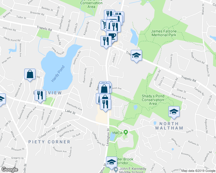 map of restaurants, bars, coffee shops, grocery stores, and more near 15 Dolores Avenue in Waltham