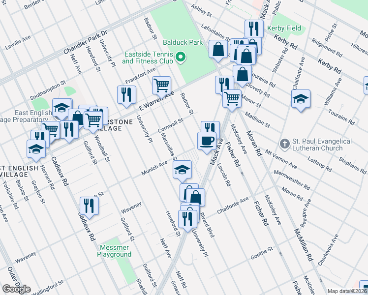 map of restaurants, bars, coffee shops, grocery stores, and more near 4537 Lodewyck Street in Detroit