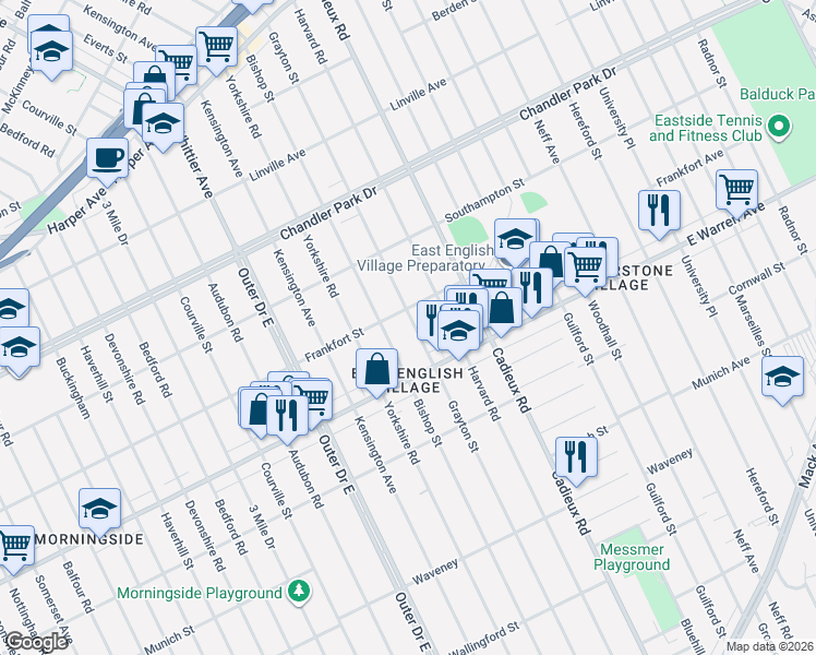 map of restaurants, bars, coffee shops, grocery stores, and more near 5106 Bishop Street in Detroit