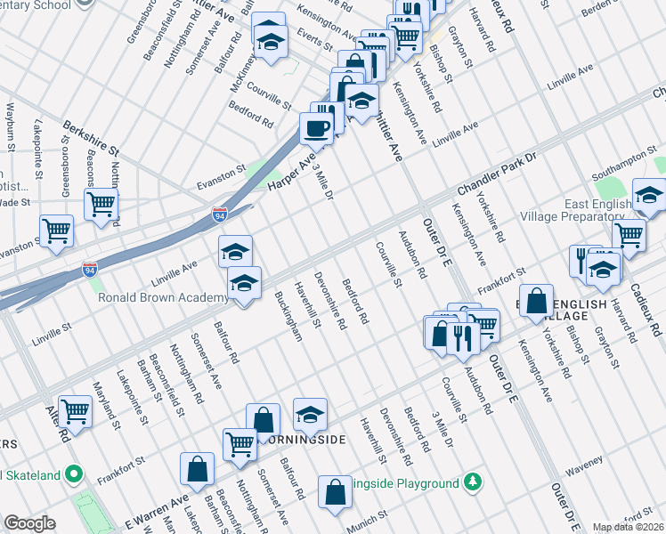 map of restaurants, bars, coffee shops, grocery stores, and more near 5601 Bedford Street in Detroit