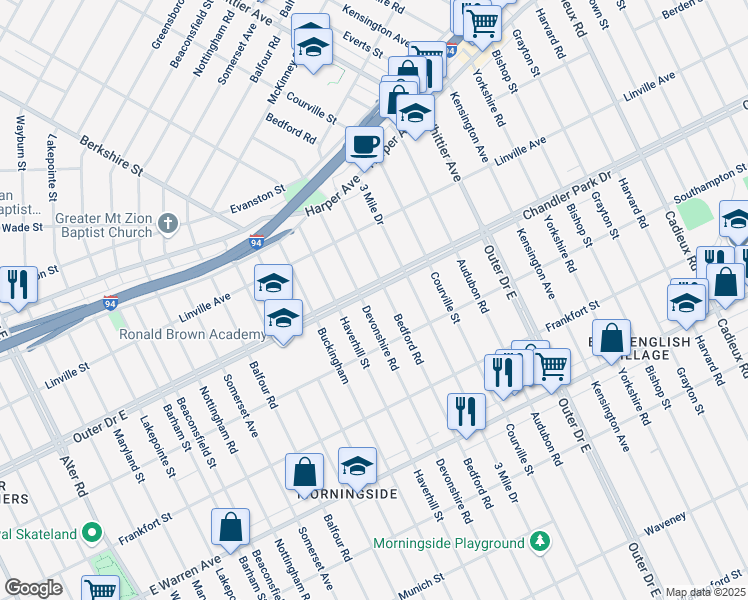 map of restaurants, bars, coffee shops, grocery stores, and more near 5601 Bedford Street in Detroit