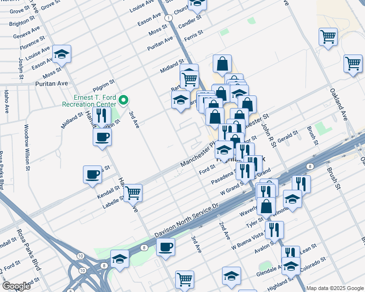 map of restaurants, bars, coffee shops, grocery stores, and more near 104 Town Center Drive in Highland Park