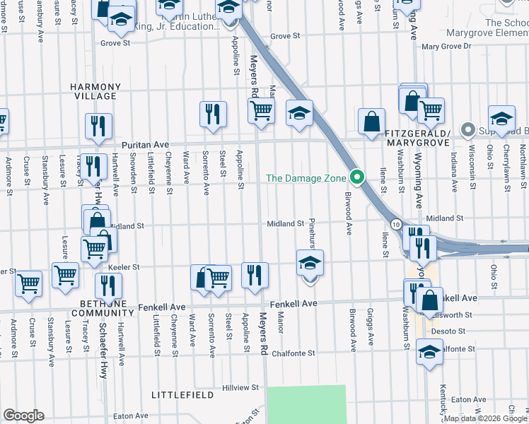 map of restaurants, bars, coffee shops, grocery stores, and more near 15751 Manor in Detroit