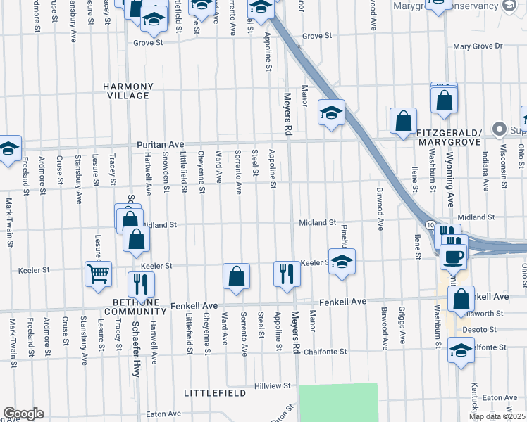 map of restaurants, bars, coffee shops, grocery stores, and more near 15739 Steel Street in Detroit
