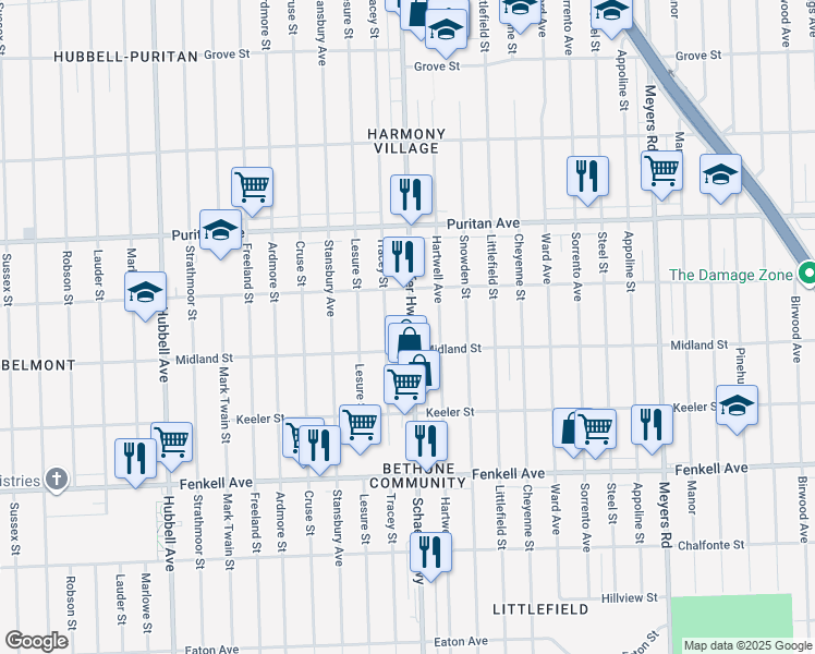 map of restaurants, bars, coffee shops, grocery stores, and more near 15735 Schaefer Highway in Detroit