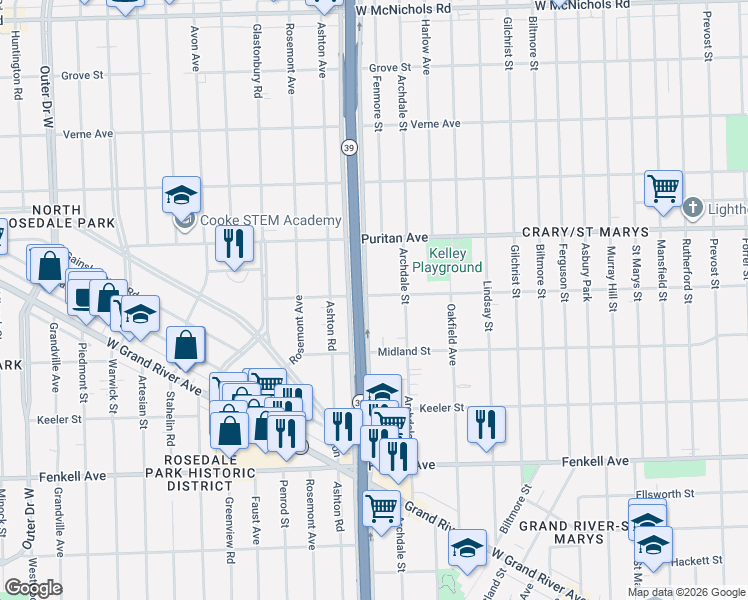 map of restaurants, bars, coffee shops, grocery stores, and more near 15774 Southfield Road in Detroit