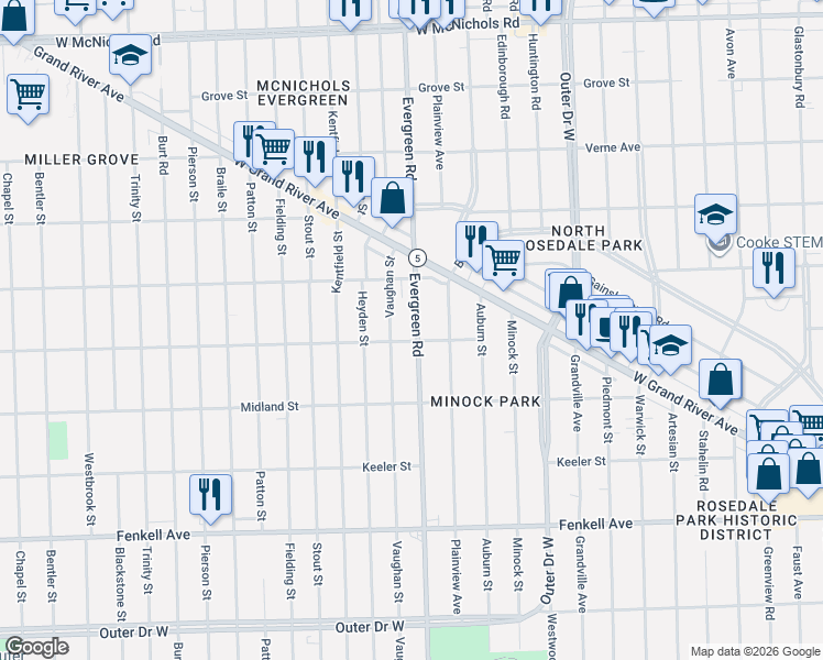 map of restaurants, bars, coffee shops, grocery stores, and more near 15827 Evergreen Road in Detroit