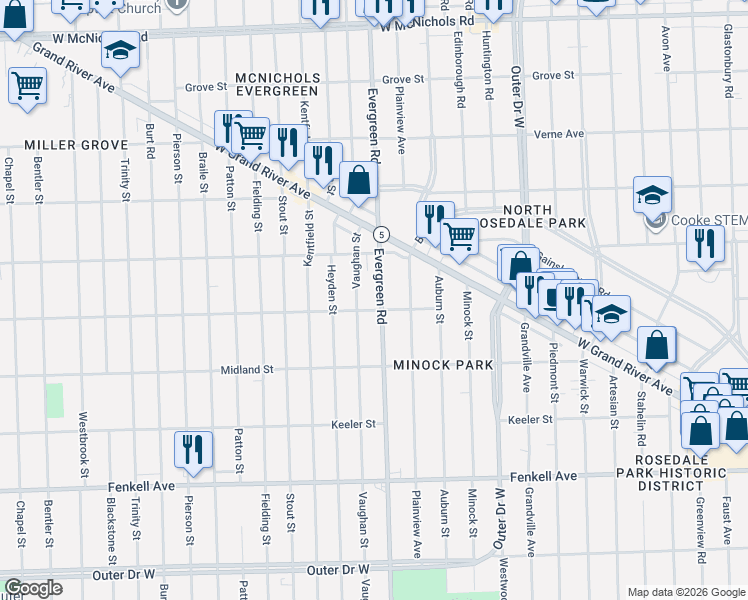 map of restaurants, bars, coffee shops, grocery stores, and more near 15827 Evergreen Road in Detroit
