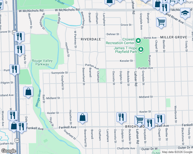 map of restaurants, bars, coffee shops, grocery stores, and more near 15855 Chatham in Detroit
