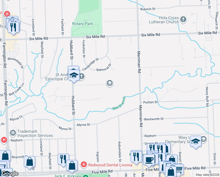 map of restaurants, bars, coffee shops, grocery stores, and more near 32101-32145 Buchanan Road in Livonia