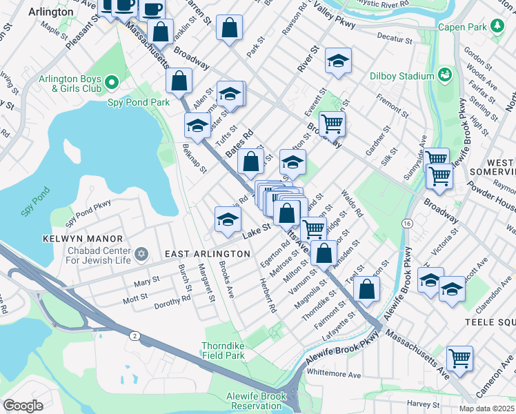 map of restaurants, bars, coffee shops, grocery stores, and more near 226 Massachusetts Avenue in Arlington