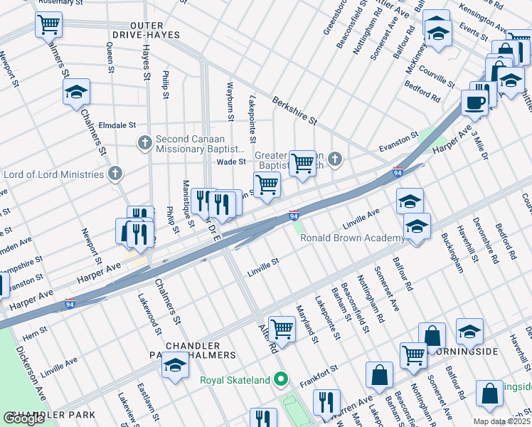map of restaurants, bars, coffee shops, grocery stores, and more near 15126 Harper Ave in Detroit