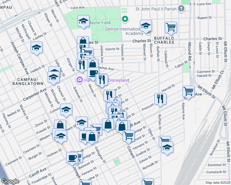 map of restaurants, bars, coffee shops, grocery stores, and more near 3878 Eldridge Street in Hamtramck