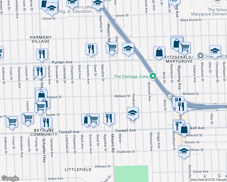 map of restaurants, bars, coffee shops, grocery stores, and more near 15751 Manor in Detroit
