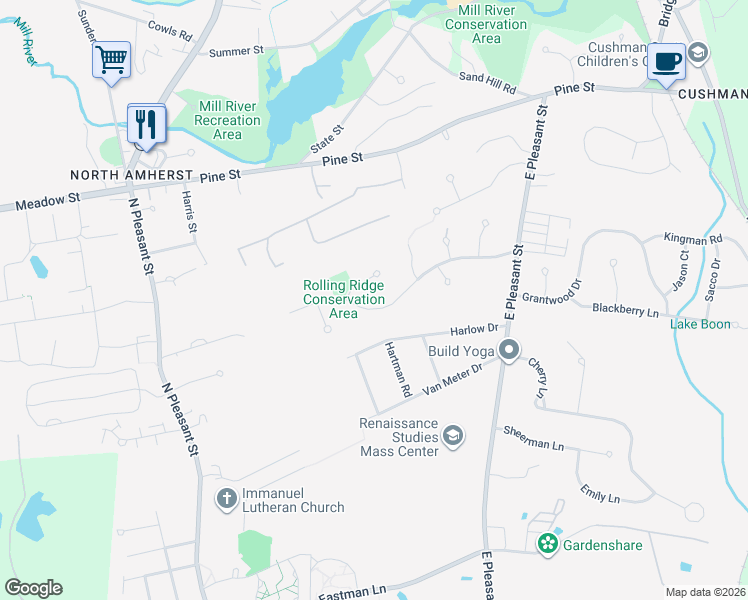 map of restaurants, bars, coffee shops, grocery stores, and more near 151 Rolling Ridge Road in Amherst