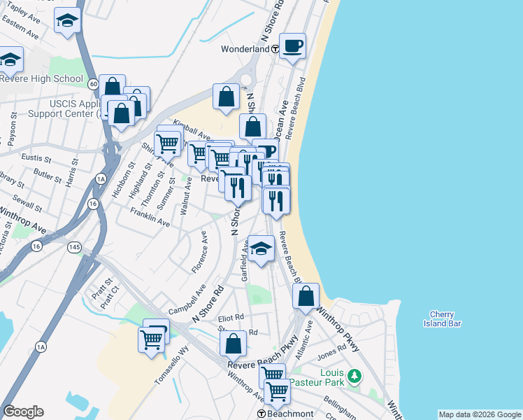map of restaurants, bars, coffee shops, grocery stores, and more near 78 Revere Beach Boulevard in Revere