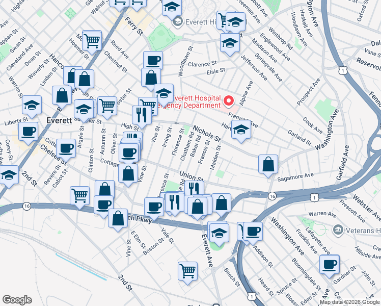 map of restaurants, bars, coffee shops, grocery stores, and more near 37 Chatham Road in Everett