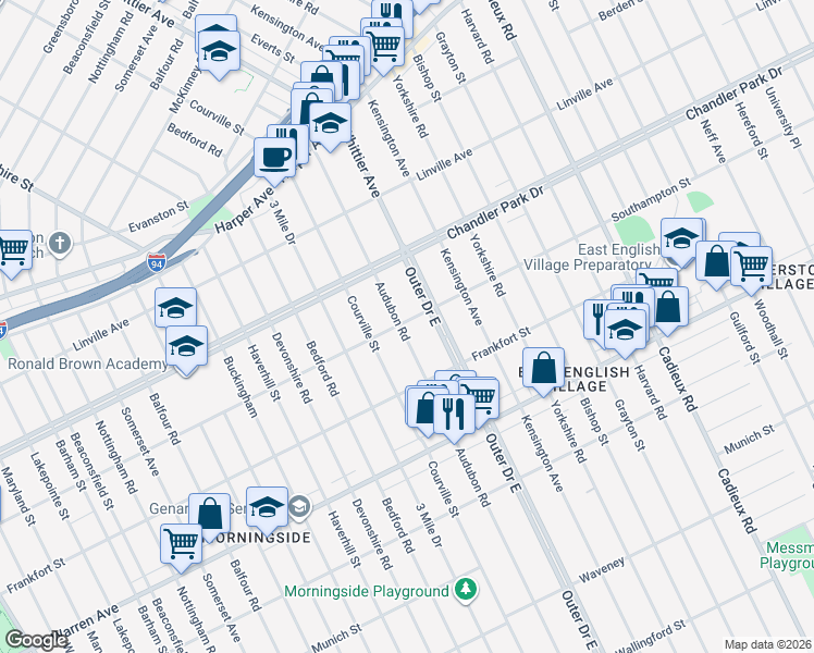 map of restaurants, bars, coffee shops, grocery stores, and more near 5316 Audubon Road in Detroit