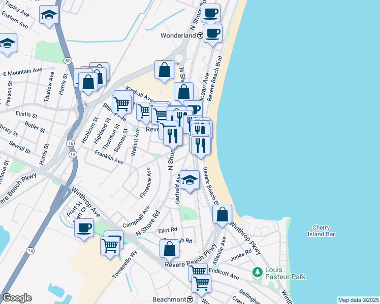 map of restaurants, bars, coffee shops, grocery stores, and more near 78 Revere Beach Boulevard in Revere