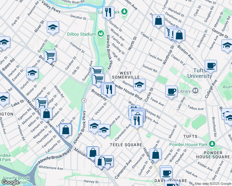 map of restaurants, bars, coffee shops, grocery stores, and more near 33 Barton Street in Somerville