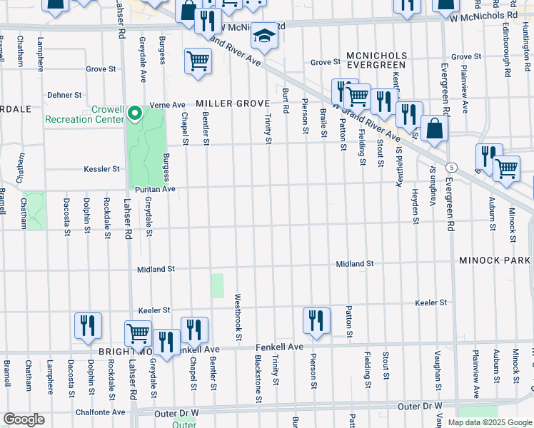 map of restaurants, bars, coffee shops, grocery stores, and more near 15835 Trinity Street in Detroit