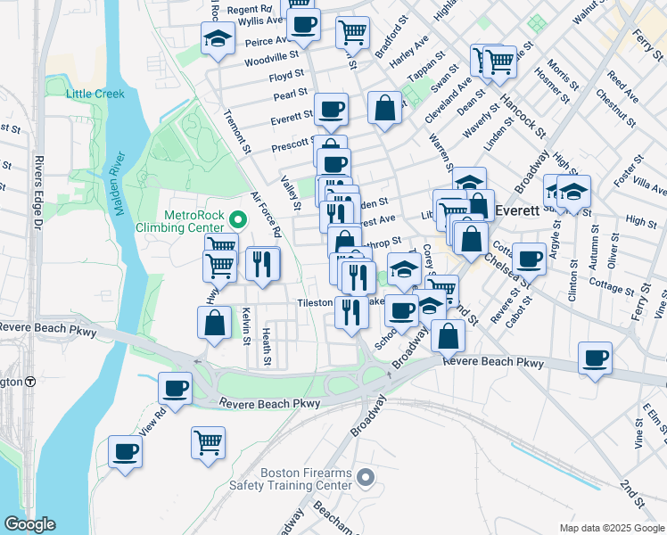map of restaurants, bars, coffee shops, grocery stores, and more near 10 Parlin Street in Everett