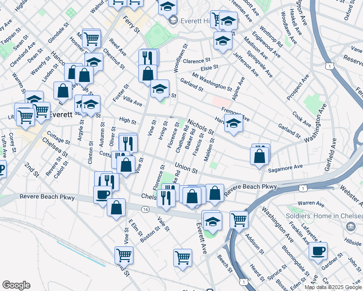 map of restaurants, bars, coffee shops, grocery stores, and more near 37 Chatham Road in Everett