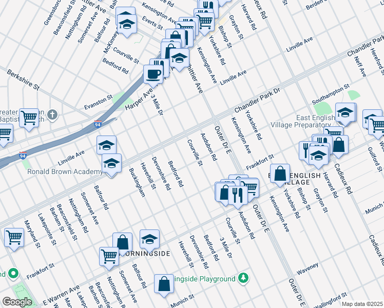 map of restaurants, bars, coffee shops, grocery stores, and more near 5533 Courville Street in Detroit