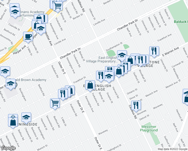 map of restaurants, bars, coffee shops, grocery stores, and more near 5106 Bishop St in Detroit