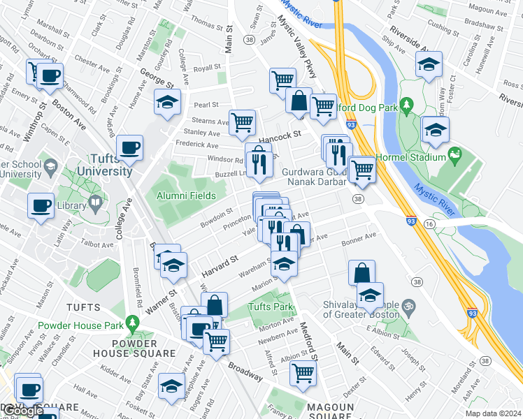 map of restaurants, bars, coffee shops, grocery stores, and more near 347 Main Street in Medford