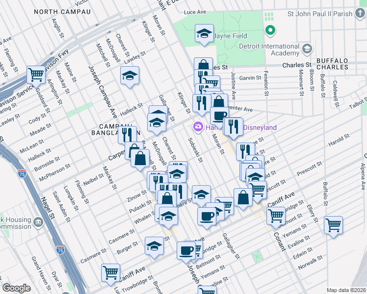 map of restaurants, bars, coffee shops, grocery stores, and more near 12060 Gallagher Street in Hamtramck