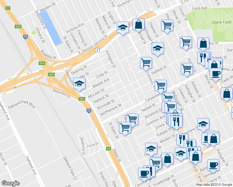 map of restaurants, bars, coffee shops, grocery stores, and more near 2146 Halleck Street in Hamtramck
