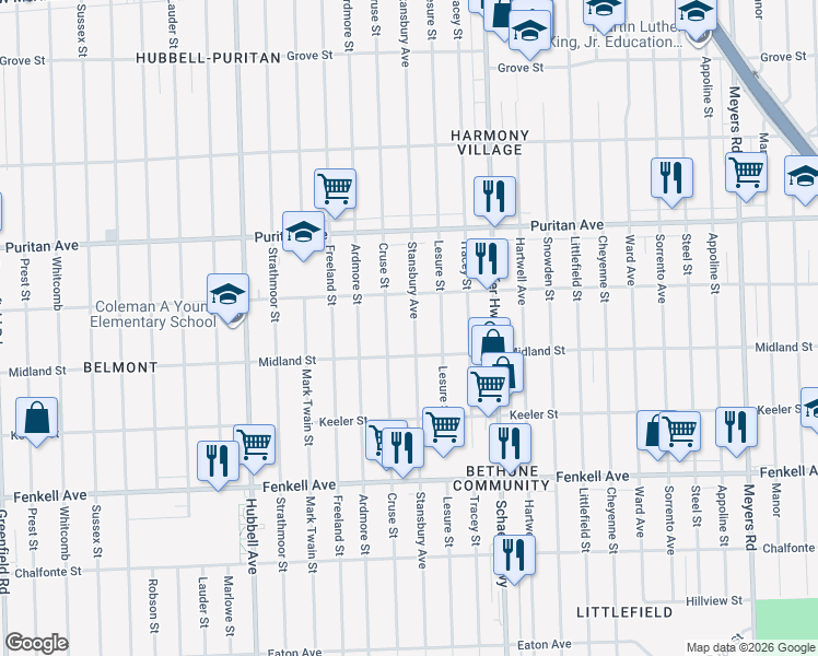 map of restaurants, bars, coffee shops, grocery stores, and more near 15747 Stansbury Avenue in Detroit