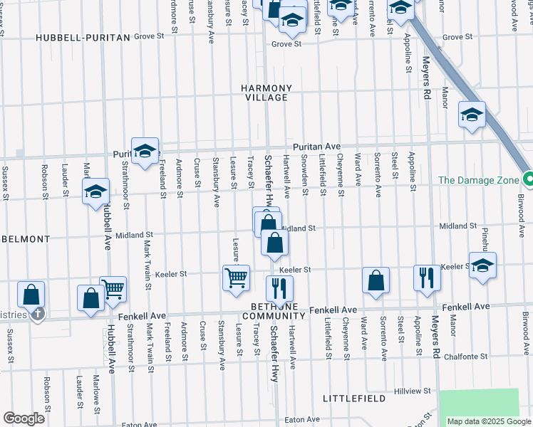map of restaurants, bars, coffee shops, grocery stores, and more near 15735 Schaefer Highway in Detroit