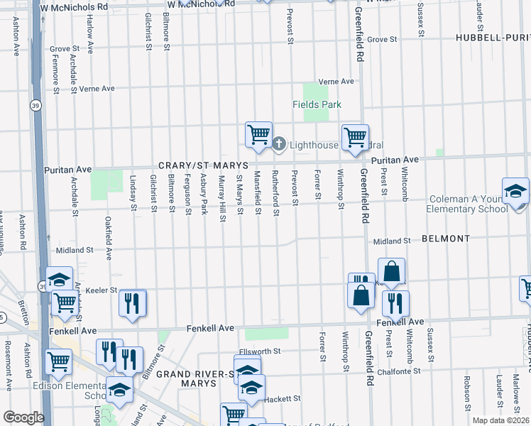 map of restaurants, bars, coffee shops, grocery stores, and more near 15780 Mansfield Street in Detroit