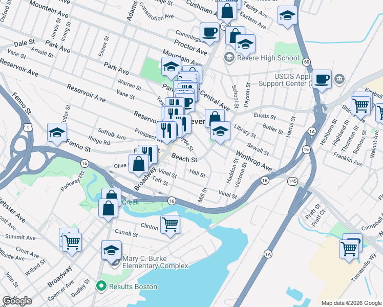 map of restaurants, bars, coffee shops, grocery stores, and more near 31 Cheever Street in Revere