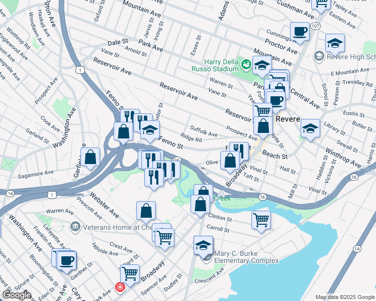 map of restaurants, bars, coffee shops, grocery stores, and more near 166 Fenno Street in Revere