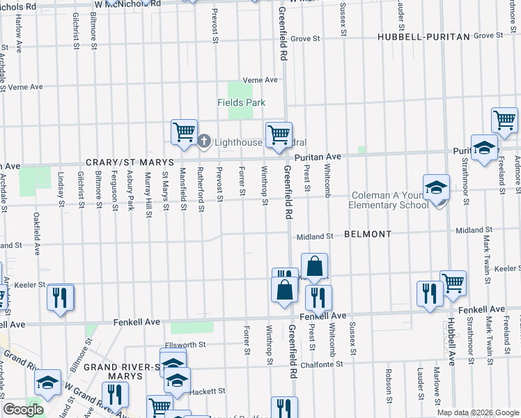 map of restaurants, bars, coffee shops, grocery stores, and more near 15751 Winthrop Street in Detroit